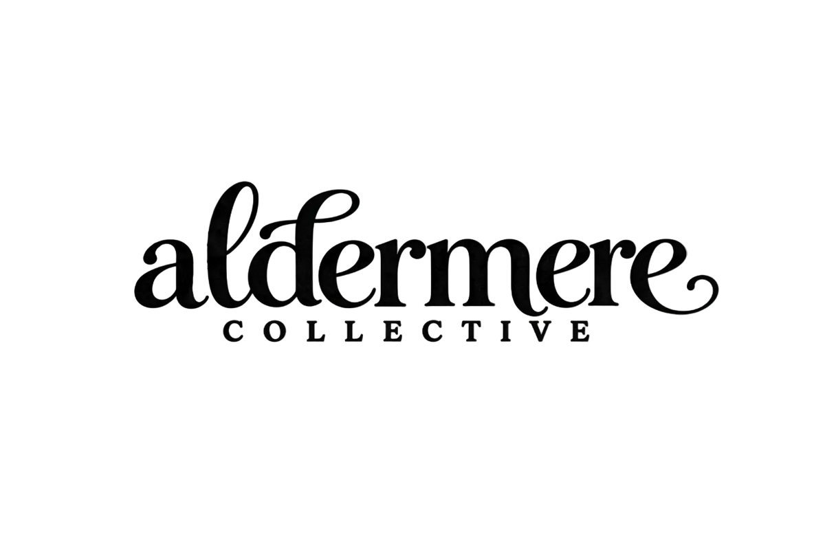 The logo for Aldermere Collective, featuring the brand name in a dusty pink serif typeface with 'COLLECTIVE' written below in a smaller, uppercase sans-serif font, all on a solid white background.